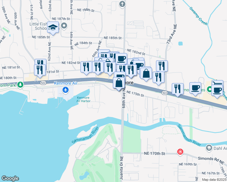 map of restaurants, bars, coffee shops, grocery stores, and more near 6723 Northeast 175th Street in Kenmore