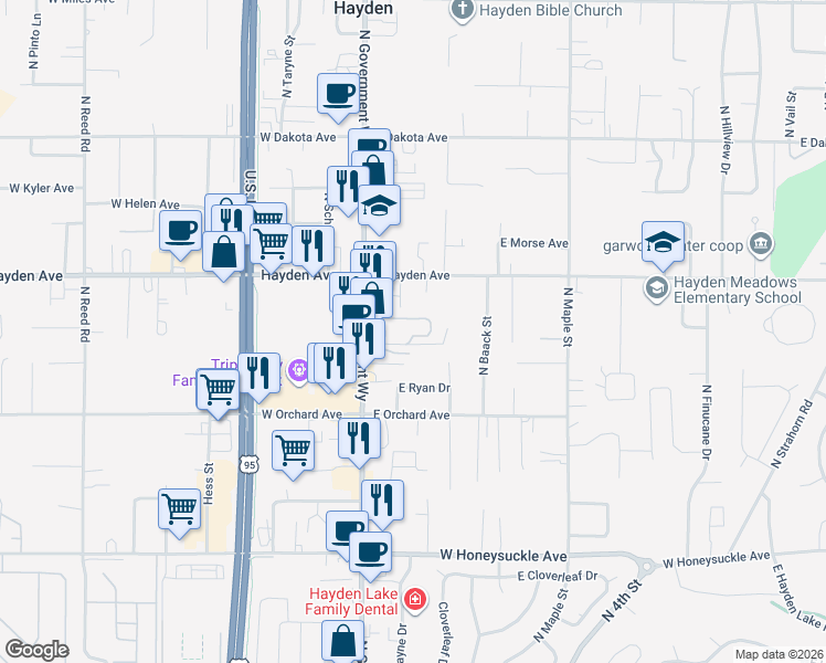 map of restaurants, bars, coffee shops, grocery stores, and more near 9416 North Government Way in Hayden