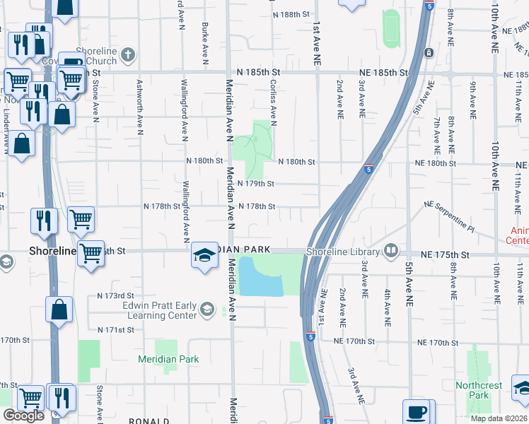 map of restaurants, bars, coffee shops, grocery stores, and more near 2151 North 178th Street in Shoreline