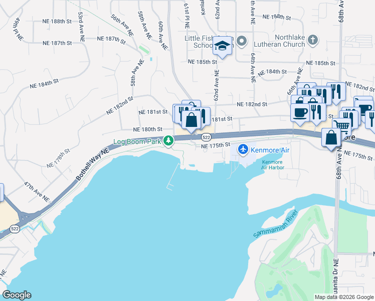 map of restaurants, bars, coffee shops, grocery stores, and more near 6101 Northeast 175th Street in Kenmore