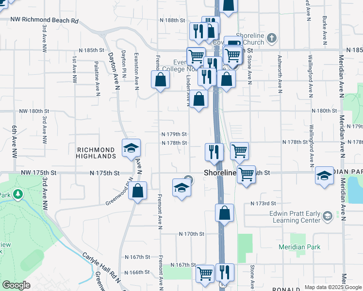 map of restaurants, bars, coffee shops, grocery stores, and more near 17615 Linden Avenue North in Shoreline