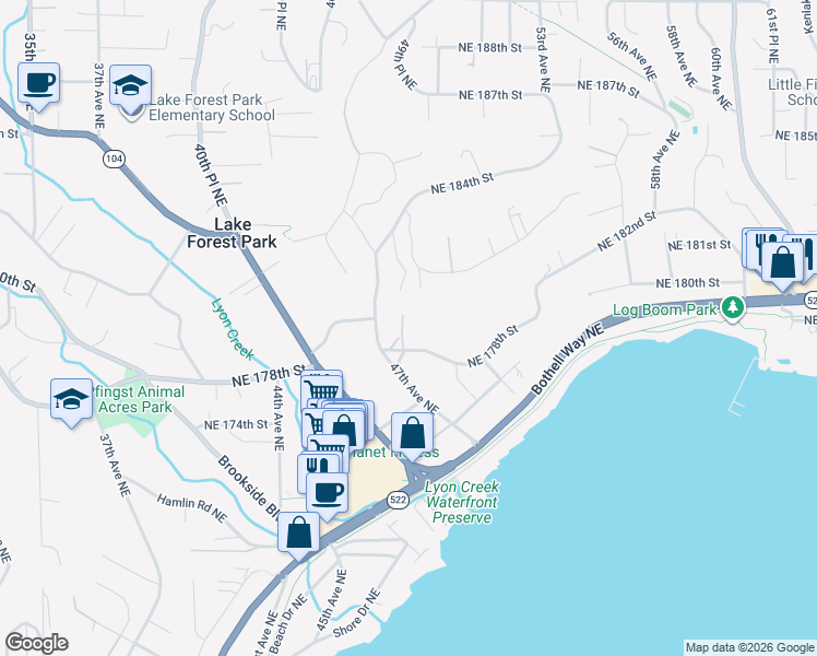 map of restaurants, bars, coffee shops, grocery stores, and more near 4707 Northeast 178th Street in Lake Forest Park