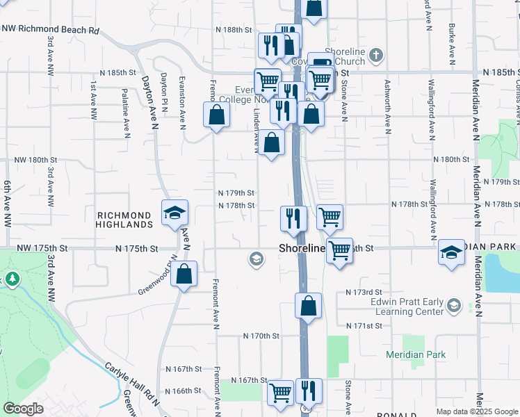 map of restaurants, bars, coffee shops, grocery stores, and more near 902 North 178th Street in Seattle