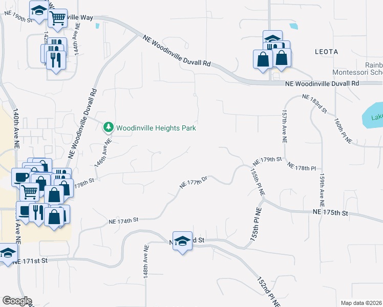 map of restaurants, bars, coffee shops, grocery stores, and more near 17934 151st Way Northeast in Woodinville