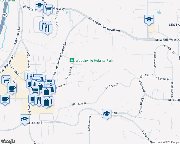 map of restaurants, bars, coffee shops, grocery stores, and more near 17807 149th Avenue Northeast in Woodinville