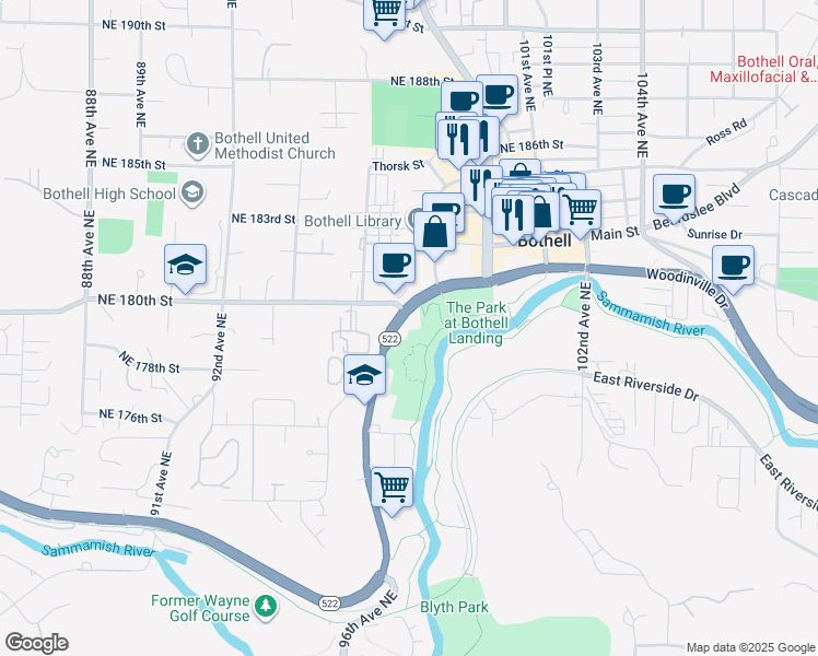 map of restaurants, bars, coffee shops, grocery stores, and more near 17910 Bothell Way Northeast in Bothell