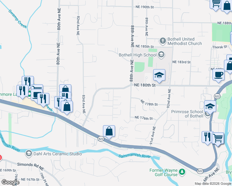 map of restaurants, bars, coffee shops, grocery stores, and more near 17826 85th Place Northeast in Bothell