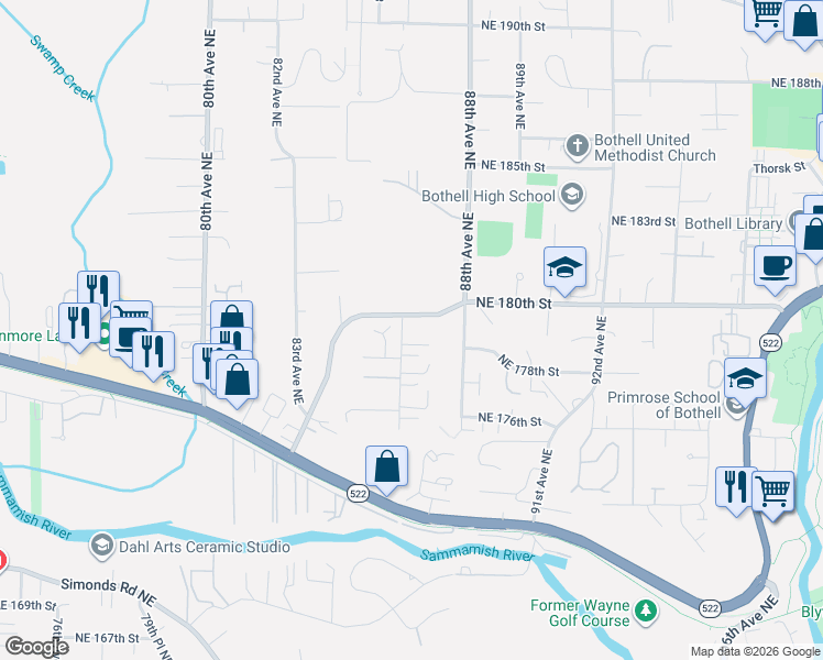 map of restaurants, bars, coffee shops, grocery stores, and more near 17840 86th Avenue Northeast in Bothell