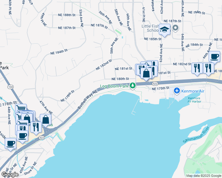 map of restaurants, bars, coffee shops, grocery stores, and more near 5711 Northeast 180th Street in Kenmore