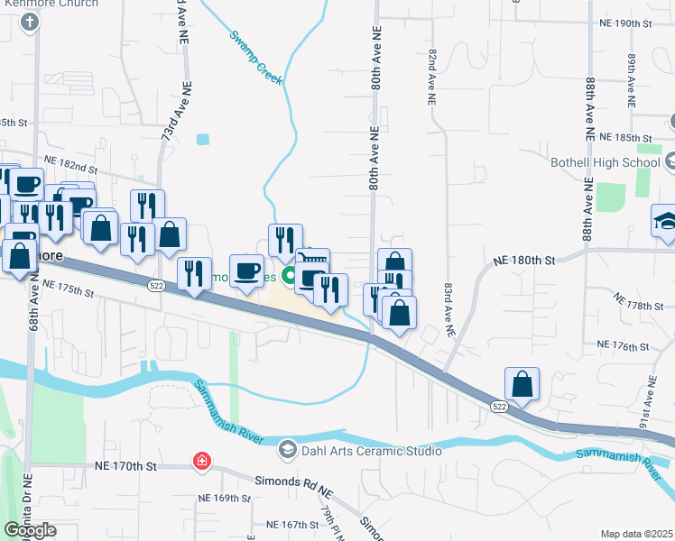 map of restaurants, bars, coffee shops, grocery stores, and more near 7928 Northeast 179th Lane in Kenmore