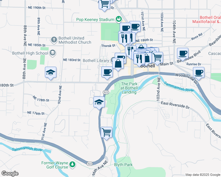 map of restaurants, bars, coffee shops, grocery stores, and more near 18015 Bothell Way Northeast in Bothell