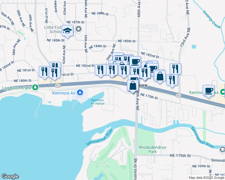 map of restaurants, bars, coffee shops, grocery stores, and more near 6537 Washington 522 in Kenmore