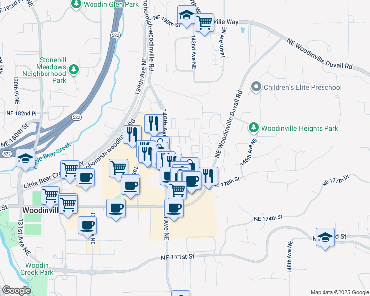 map of restaurants, bars, coffee shops, grocery stores, and more near 14057 Northeast 181st Street in Woodinville
