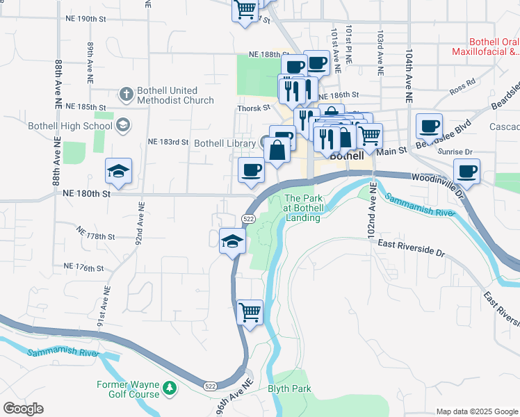 map of restaurants, bars, coffee shops, grocery stores, and more near 18015 Bothell Way Northeast in Bothell