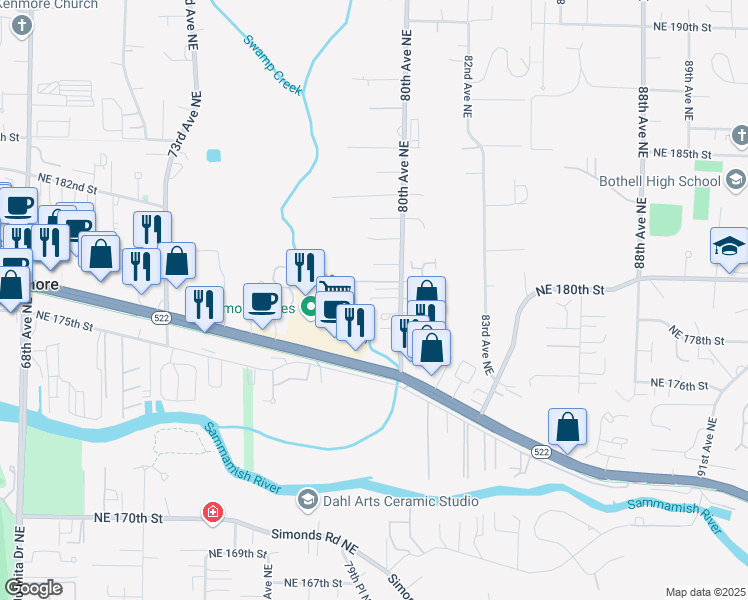 map of restaurants, bars, coffee shops, grocery stores, and more near 7928 Northeast 179th Lane in Kenmore