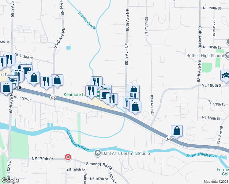 map of restaurants, bars, coffee shops, grocery stores, and more near 7928 Northeast 179th Lane in Kenmore