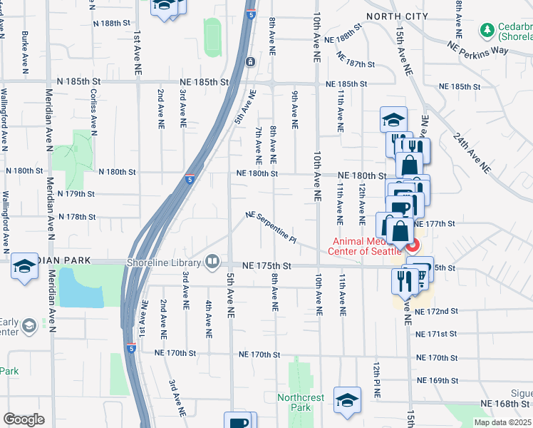 map of restaurants, bars, coffee shops, grocery stores, and more near 17827 8th Avenue Northeast in Shoreline