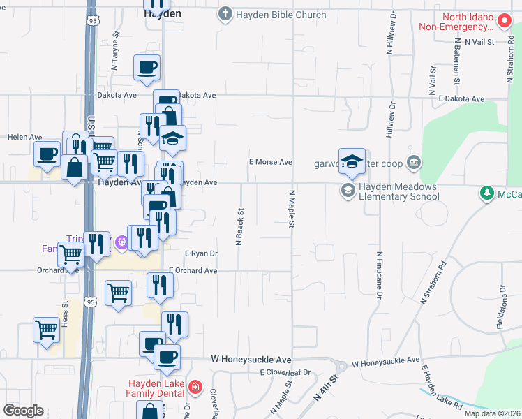 map of restaurants, bars, coffee shops, grocery stores, and more near 9484 La Costa Court in Hayden