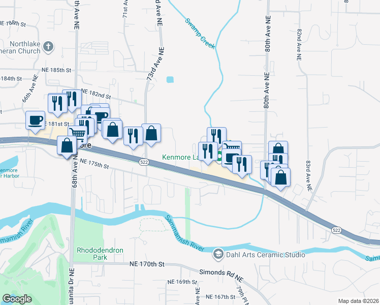 map of restaurants, bars, coffee shops, grocery stores, and more near 7512 Bothell Way Northeast in Kenmore