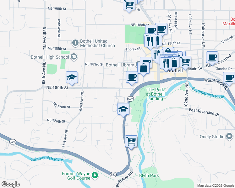 map of restaurants, bars, coffee shops, grocery stores, and more near 17917 95th Place Northeast in Bothell