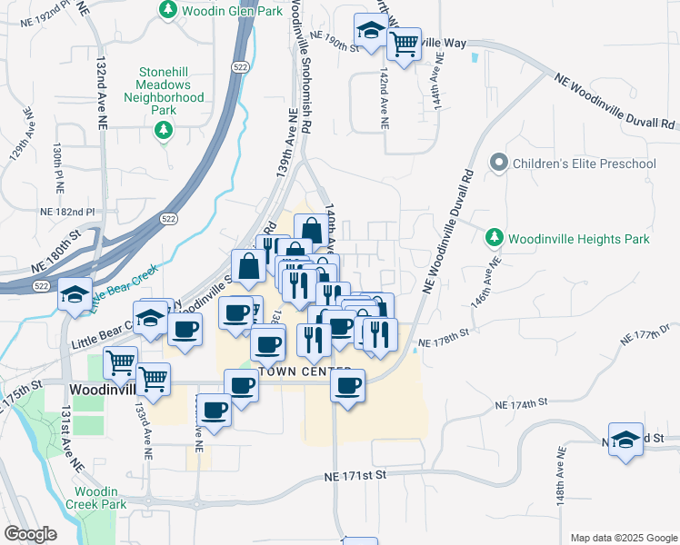 map of restaurants, bars, coffee shops, grocery stores, and more near 14007 Northeast 181st Street in Woodinville