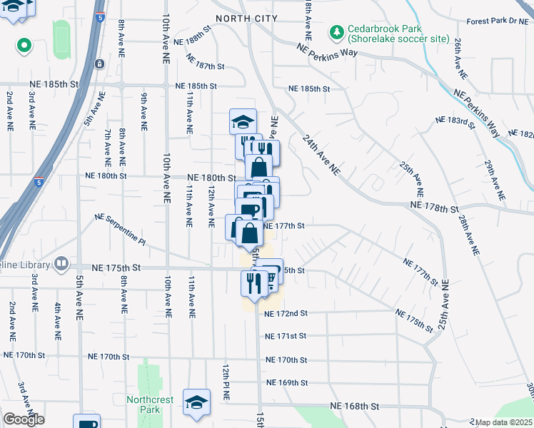 map of restaurants, bars, coffee shops, grocery stores, and more near 17732 15th Avenue Northeast in Shoreline