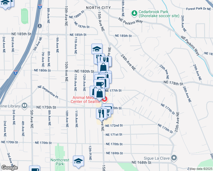 map of restaurants, bars, coffee shops, grocery stores, and more near 17712 15th Avenue Northeast in Shoreline
