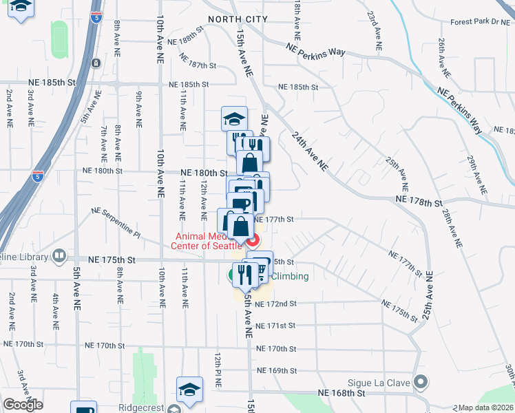 map of restaurants, bars, coffee shops, grocery stores, and more near 17732 15th Avenue Northeast in Shoreline
