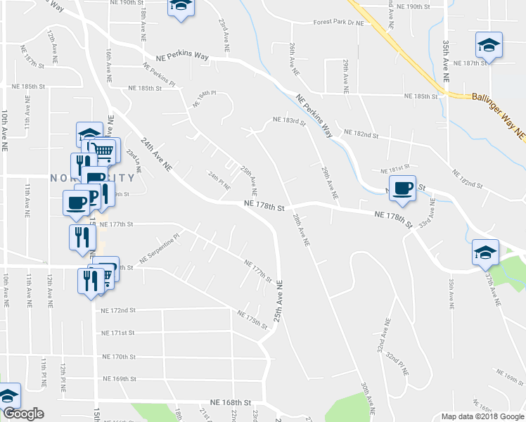 map of restaurants, bars, coffee shops, grocery stores, and more near 2509 Northeast 178th Street in Lake Forest Park