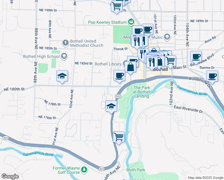 map of restaurants, bars, coffee shops, grocery stores, and more near 9606 Northeast 180th Street in Bothell