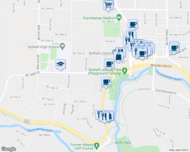 map of restaurants, bars, coffee shops, grocery stores, and more near 9431 Northeast 180th Street in Bothell
