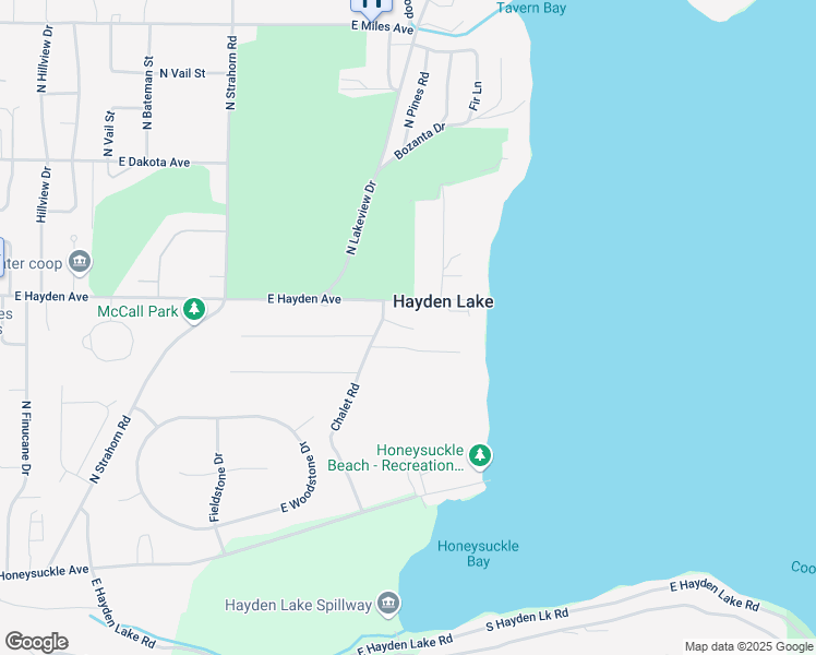 map of restaurants, bars, coffee shops, grocery stores, and more near 2160 Finch Road in Hayden Lake