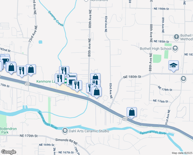 map of restaurants, bars, coffee shops, grocery stores, and more near 8026 Northeast 178th Lane in Kenmore