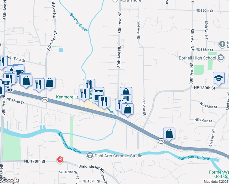map of restaurants, bars, coffee shops, grocery stores, and more near 17915 80th Avenue Northeast in Kenmore