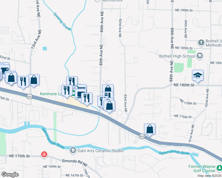 map of restaurants, bars, coffee shops, grocery stores, and more near 8026 Northeast 178th Lane in Kenmore