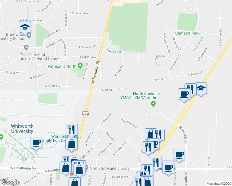 map of restaurants, bars, coffee shops, grocery stores, and more near 316 East Elcliff Road in Spokane