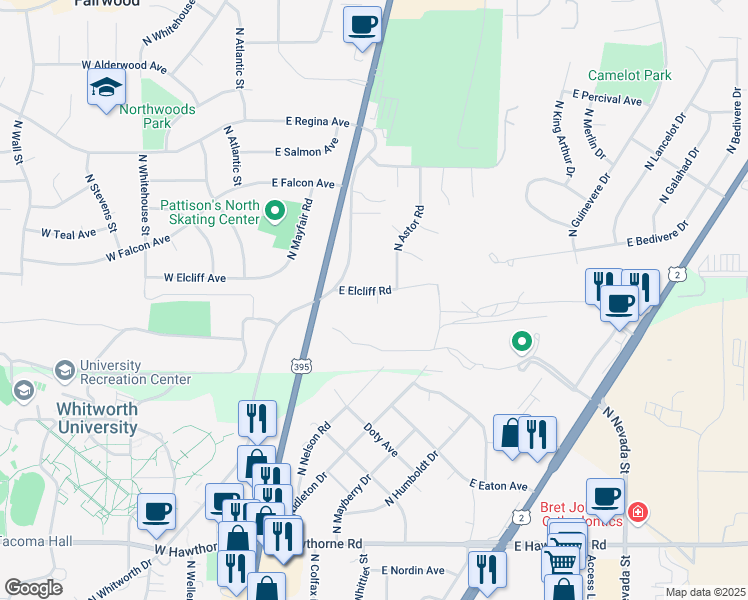 map of restaurants, bars, coffee shops, grocery stores, and more near 209 East Elcliff Road in Spokane