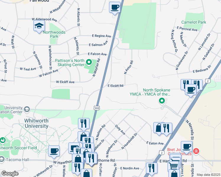 map of restaurants, bars, coffee shops, grocery stores, and more near 209 East Elcliff Road in Spokane