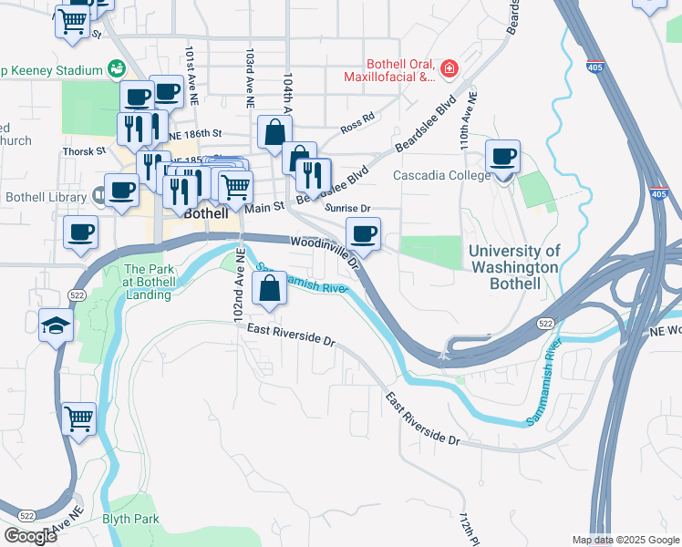 map of restaurants, bars, coffee shops, grocery stores, and more near 10600 Woodinville Drive in Bothell