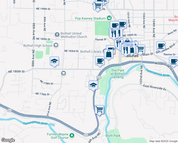 map of restaurants, bars, coffee shops, grocery stores, and more near 9431 Northeast 180th Street in Bothell