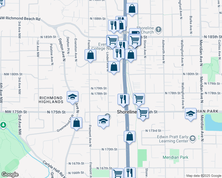 map of restaurants, bars, coffee shops, grocery stores, and more near 17837 Aurora Avenue North in Shoreline
