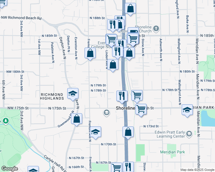 map of restaurants, bars, coffee shops, grocery stores, and more near 744 North 179th Street in Shoreline