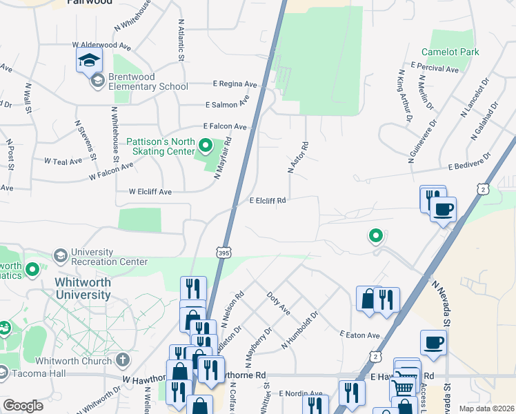 map of restaurants, bars, coffee shops, grocery stores, and more near 206 East Elcliff Road in Spokane