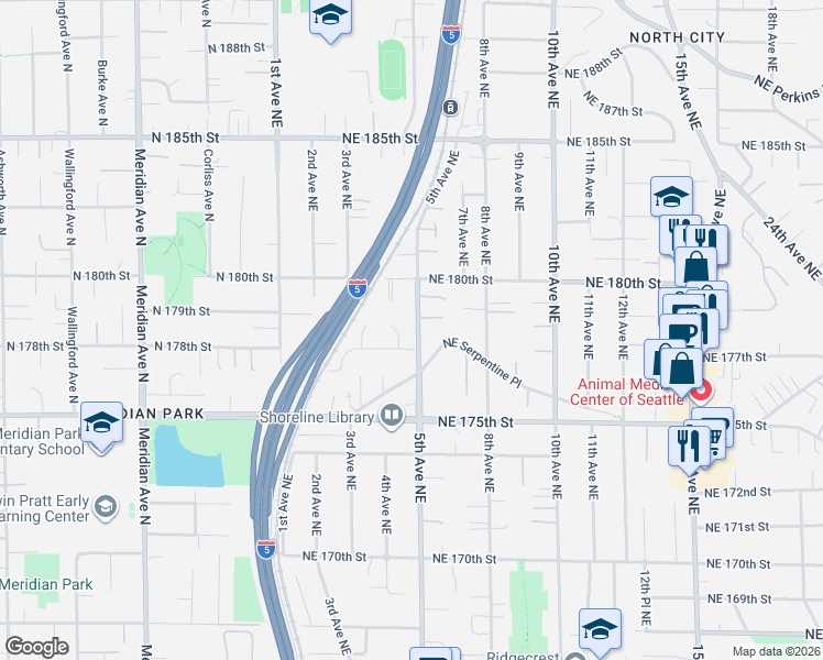 map of restaurants, bars, coffee shops, grocery stores, and more near 348 Northeast 178th Street in Shoreline