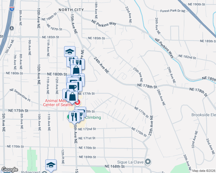 map of restaurants, bars, coffee shops, grocery stores, and more near 1820 Northeast 177th Street in Shoreline