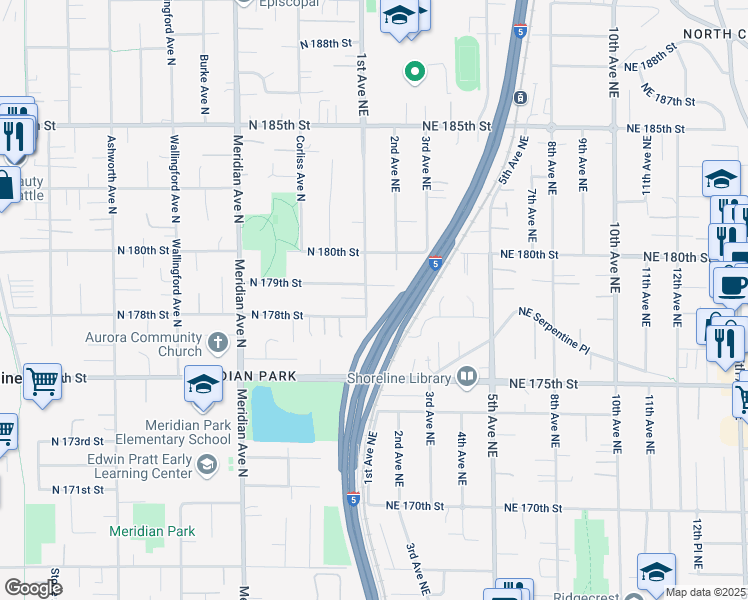 map of restaurants, bars, coffee shops, grocery stores, and more near 17818 1st Avenue Northeast in Shoreline