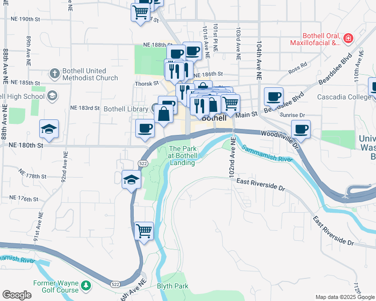 map of restaurants, bars, coffee shops, grocery stores, and more near 9919 Northeast 180th Street in Bothell