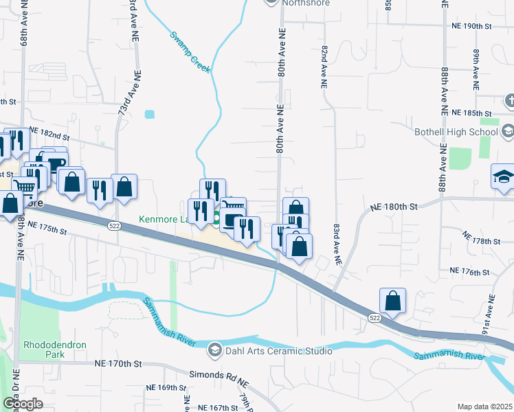 map of restaurants, bars, coffee shops, grocery stores, and more near 17921 80th Avenue Northeast in Kenmore