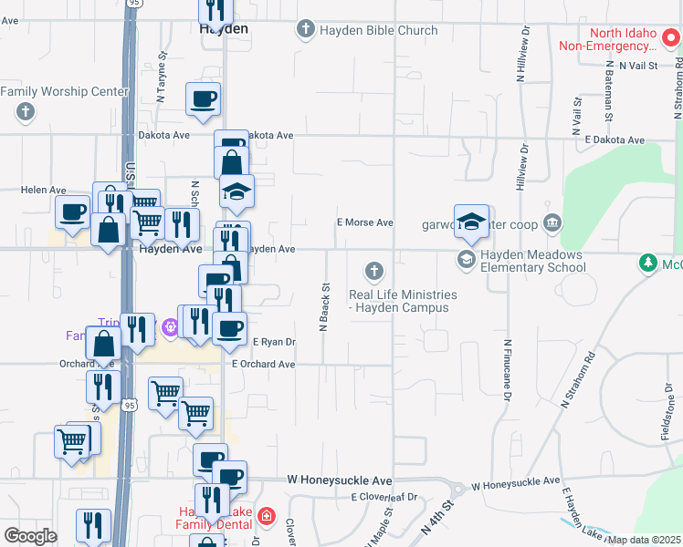 map of restaurants, bars, coffee shops, grocery stores, and more near 9523 La Costa Court in Hayden