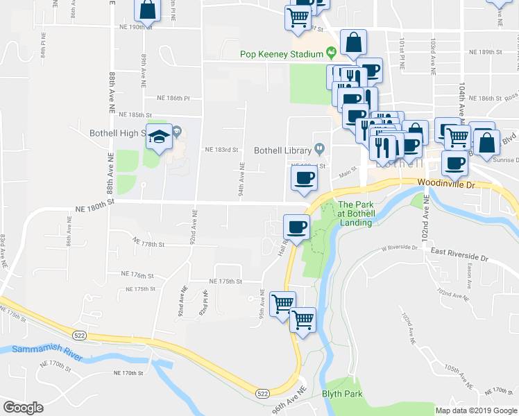 map of restaurants, bars, coffee shops, grocery stores, and more near 9431 Northeast 180th Street in Bothell